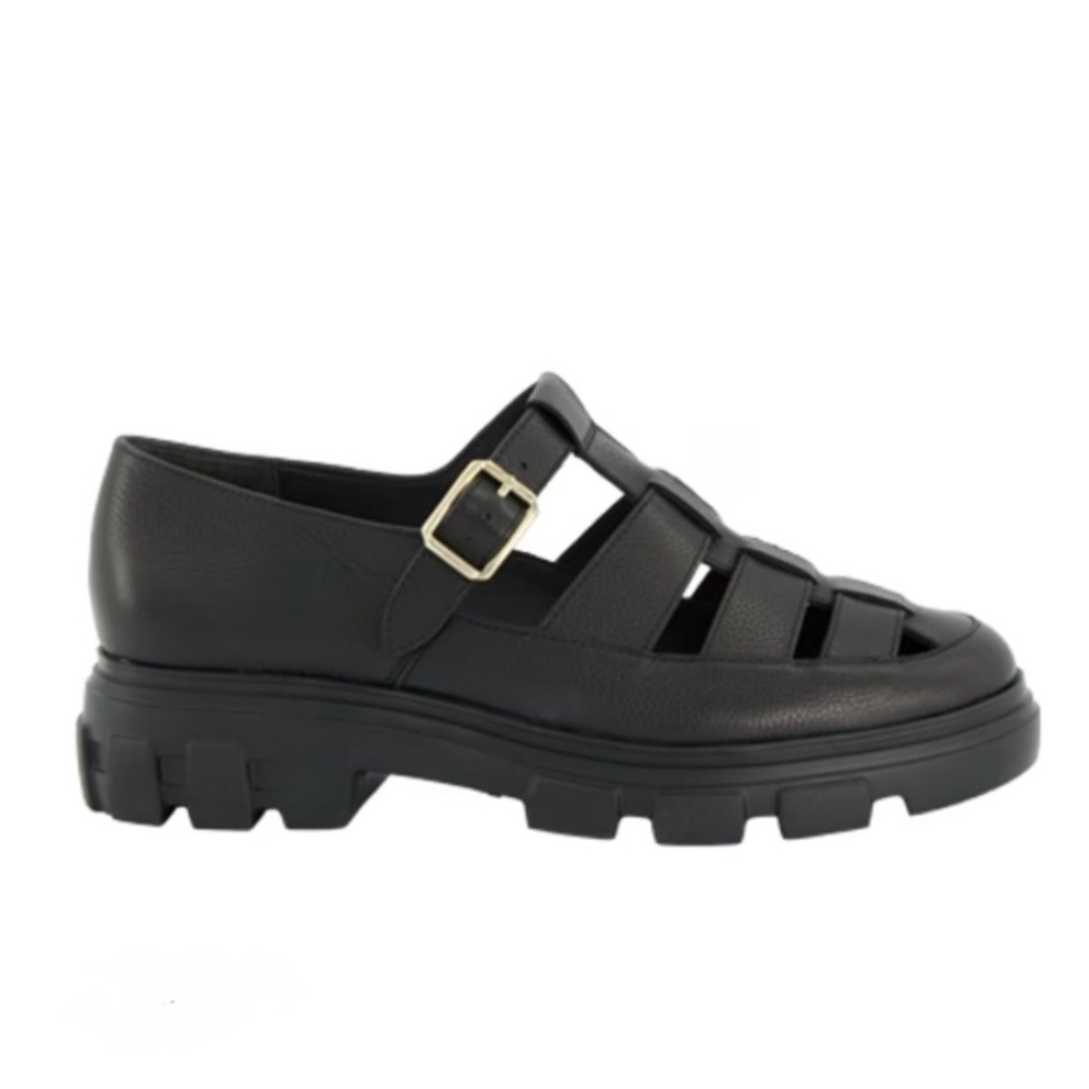 Black leather loafer sandals. US sizes